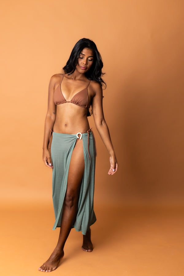 Saida de praia verde saia midi fenda dourado